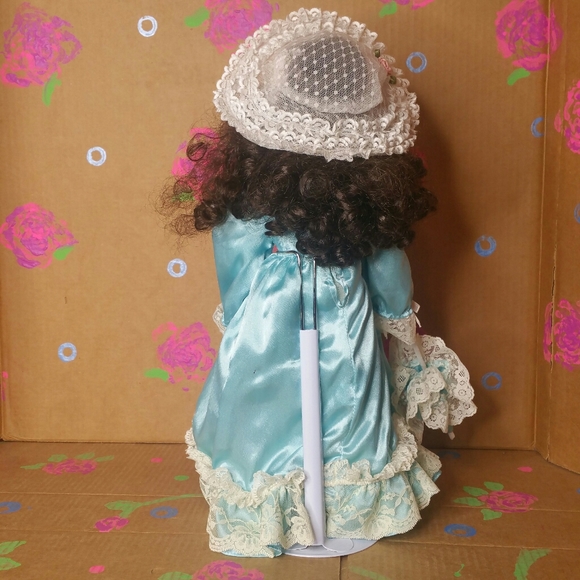 Porcelain Brunette Victorian Doll with Stand - Picture 3 of 11